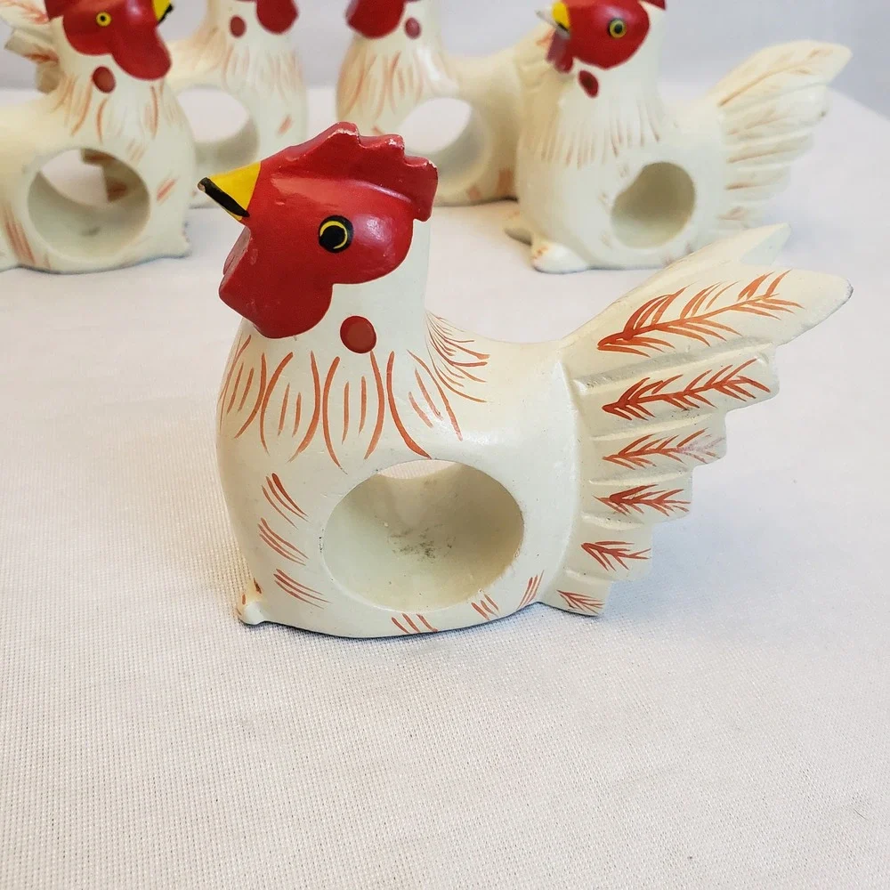 VTG Set 6 Chicken Napkin‎ Rings Farmhouse Cottage Wood Folk Art Hand Painted